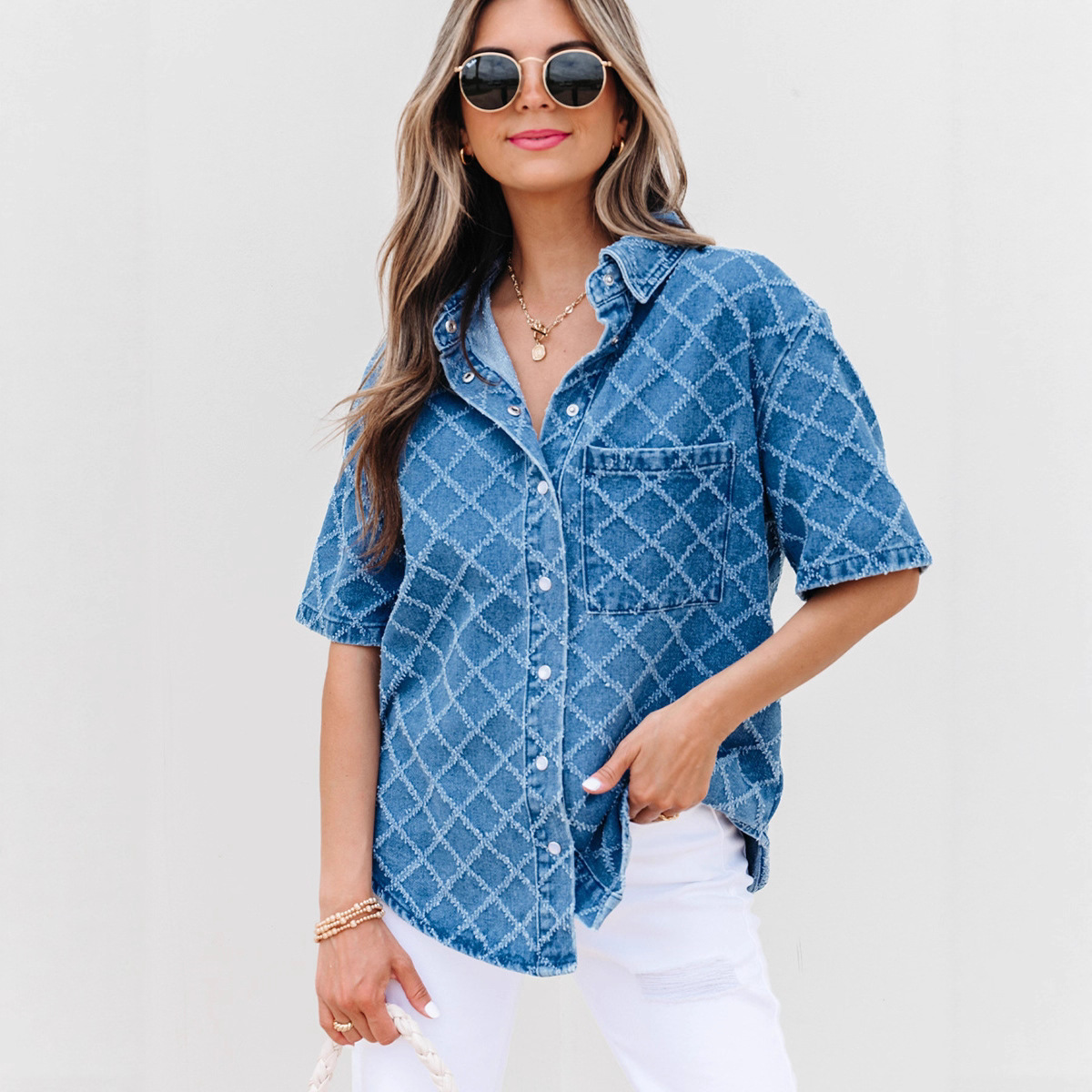 New Plaid Printed Denim Shirt For Women - Image 4
