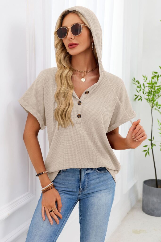 Womens Waffle-Weave Hooded Drawstring Short-Sleeve Top With Buttons