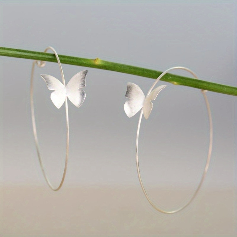 Fashionable Large Hoop Earrings With Butterfly Design Silver Color For Women - Image 1
