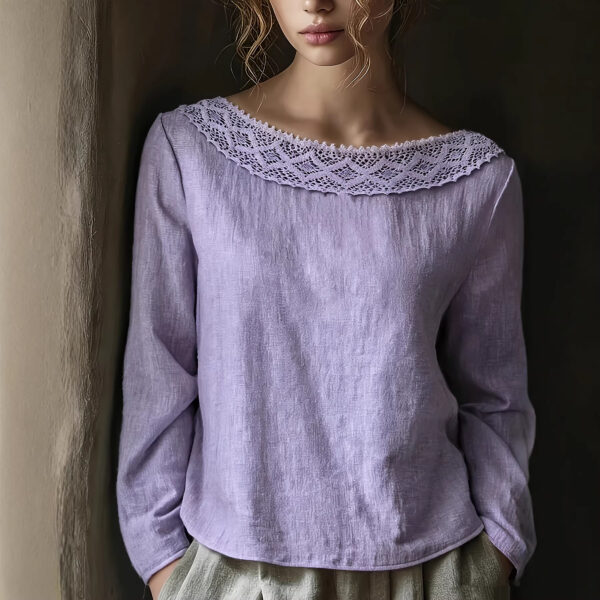 Lace-trimmed Patchwork Artistic Vintage Laid-back Style Loose Boat-neck Long-sleeve Top - Image 6