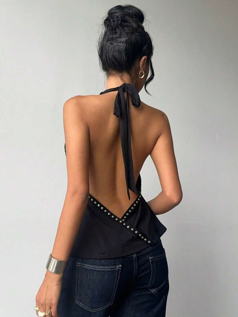 Solid-color Top With Studs Sexy Womens Clothing