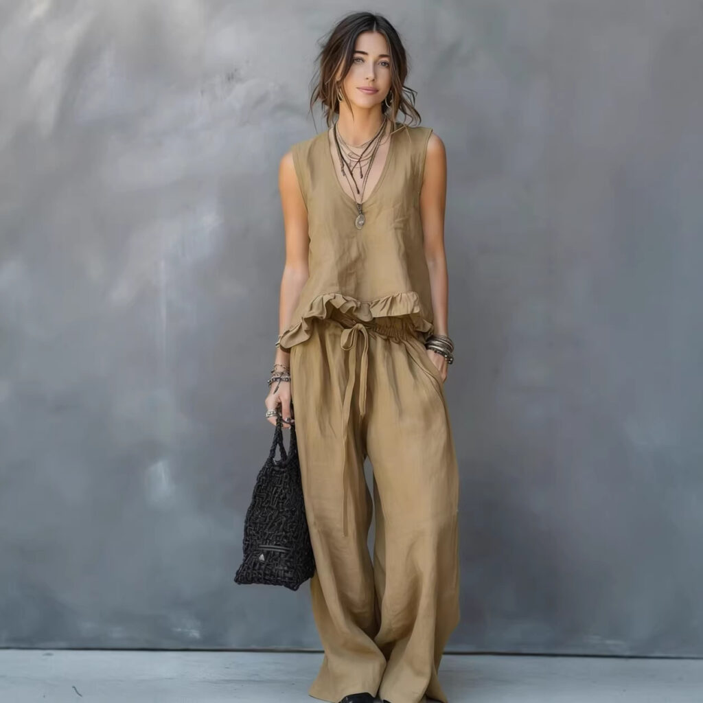 V-neck Sleeveless Ruffled Hem Dark Gray Casual Set