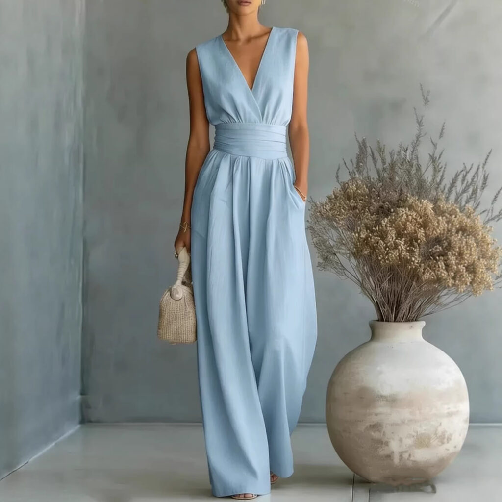 Womens Elegant Sleeveless Waist-Cinching V-Neck Sophisticated Jumpsuit
