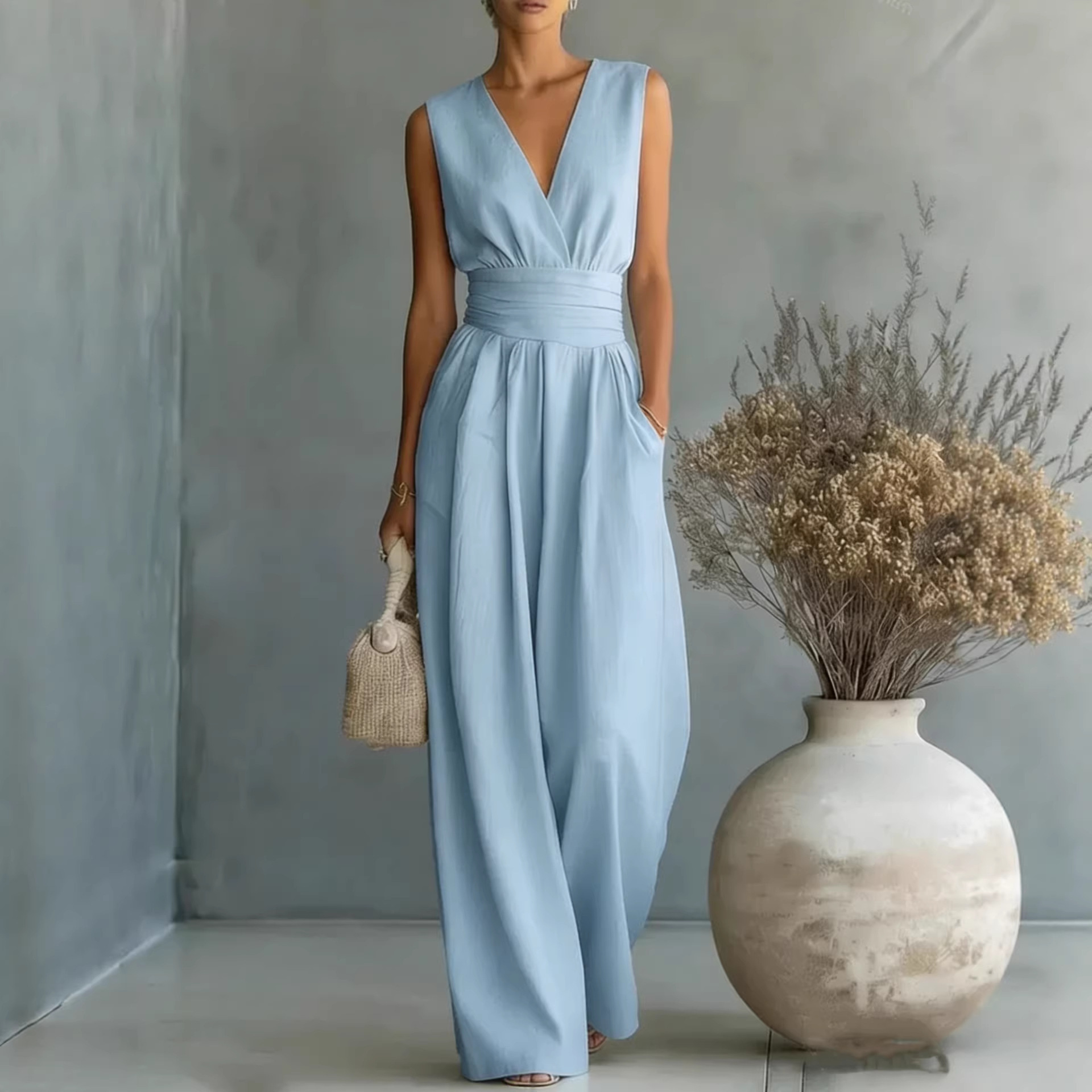Womens Elegant Sleeveless Waist-Cinching V-Neck Sophisticated Jumpsuit - Image 1