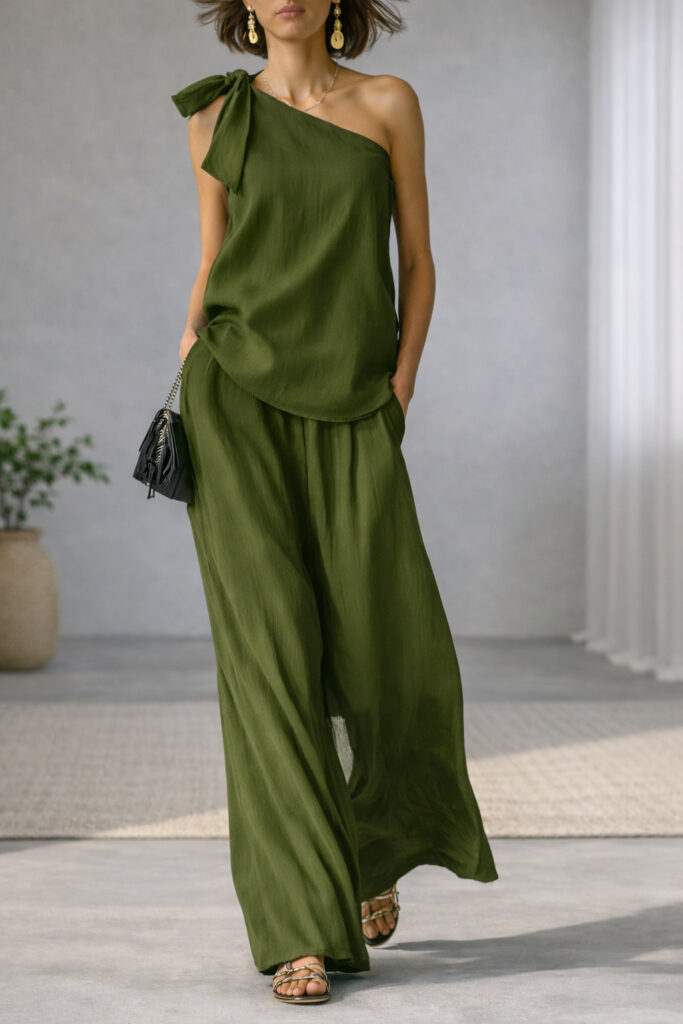 Sleeveless One-shoulder Top With Tie Detail And Wide-leg Pants