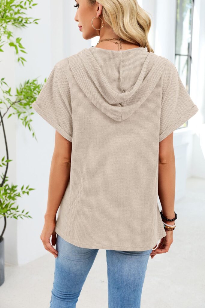 Womens Waffle-Weave Hooded Drawstring Short-Sleeve Top With Buttons