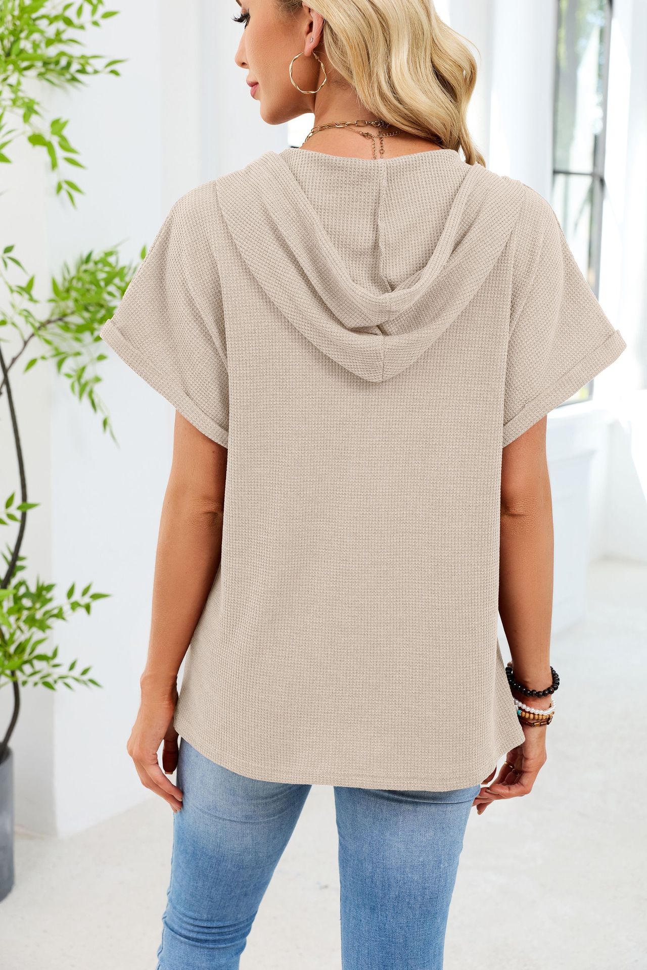 Womens Waffle-Weave Hooded Drawstring Short-Sleeve Top With Buttons - Image 35