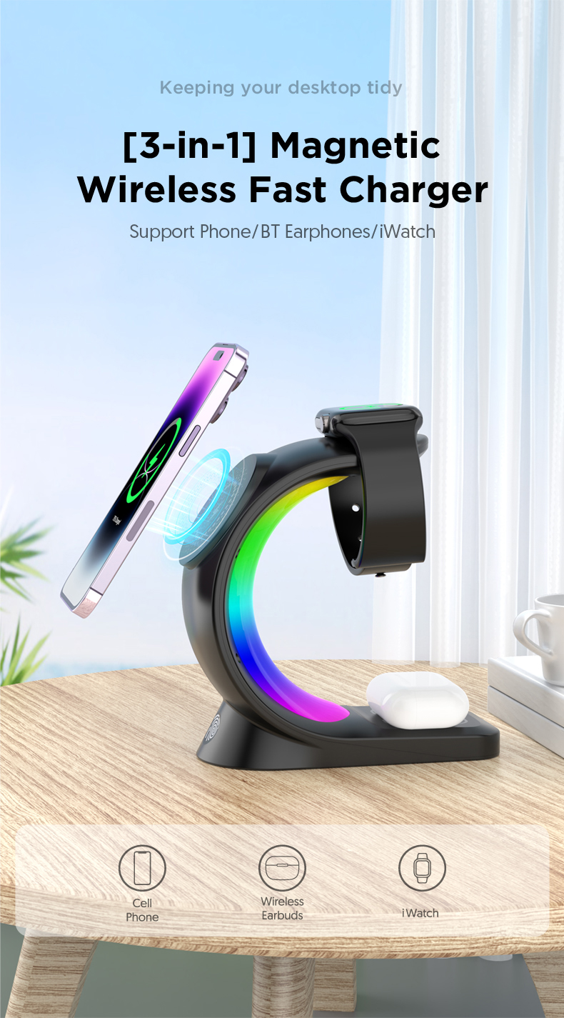 4 In 1 Magnetic Wireless Charger Fast Charging For Smart Phone Atmosphere Light Charging Station For Airpods Pro I-phone Watch - Image 18
