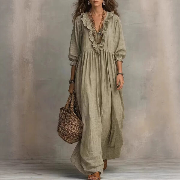 Womens Striped Ruffle-Trimmed Loose High-Waist V-Neck Dress - Image 7