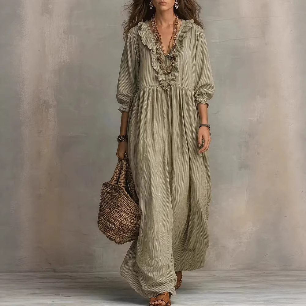 Womens Striped Ruffle-Trimmed Loose High-Waist V-Neck Dress - Image 7
