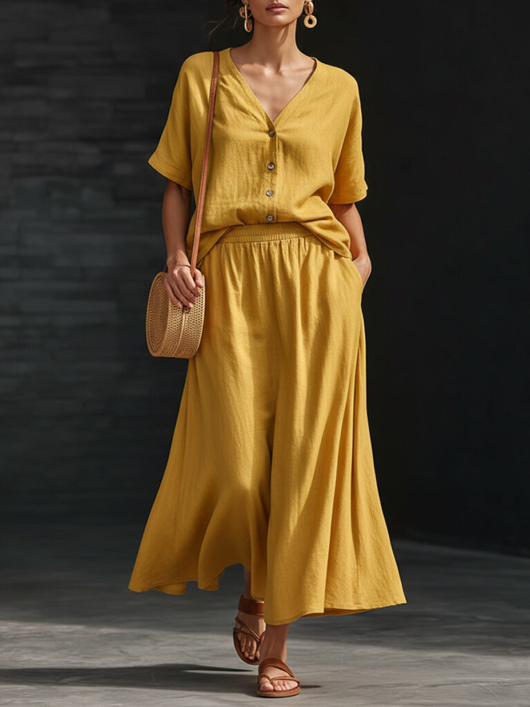 Cotton-linen V-neck Button-up Short-sleeve Top And Skirt Set
