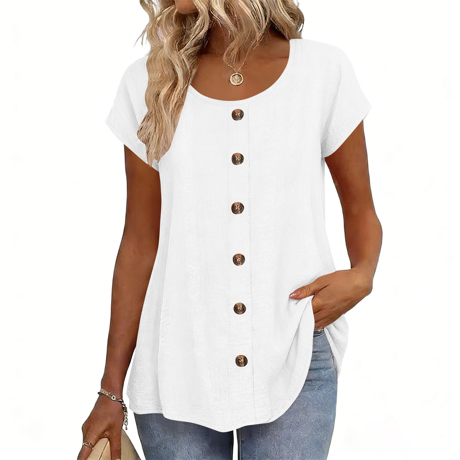 Decorative Girl Button Solid Color Short-Sleeve Crewneck T-Shirt Top - Image 8
