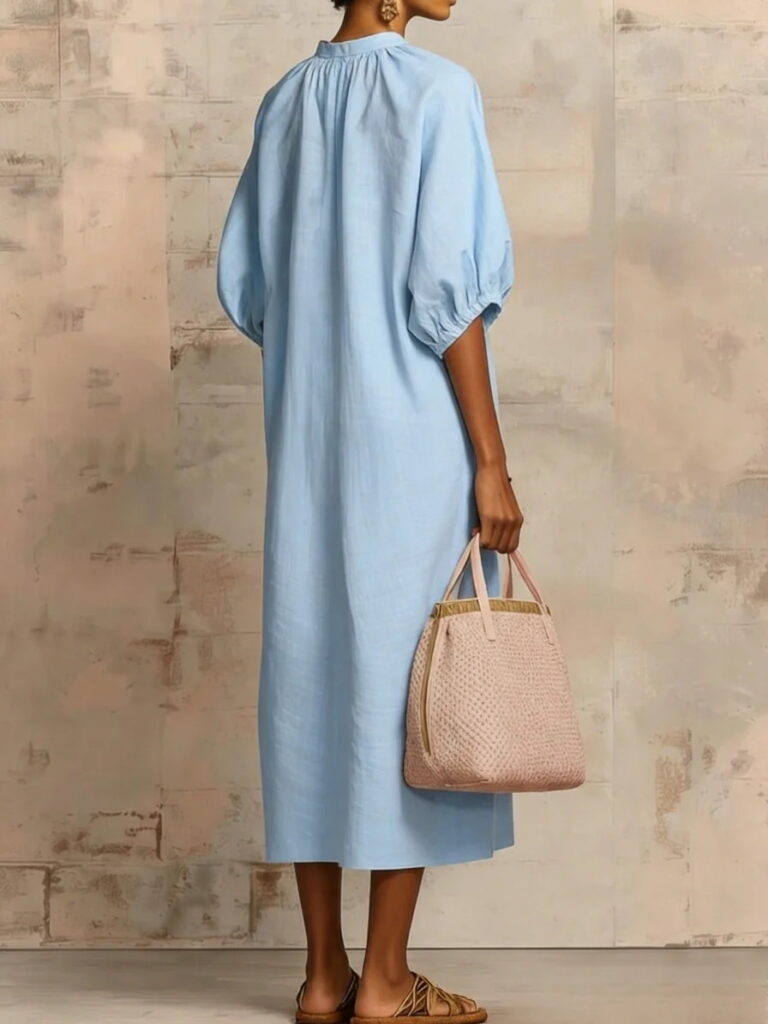 Womens Solid-Colored Cotton-Linen Loose-Fit Casual Puff-Sleeve Dress