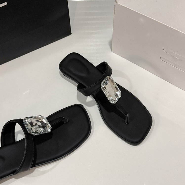 Oversized Crystal, Square Toe, Thong Sandals, French Glam, Low Block Heel, Slides