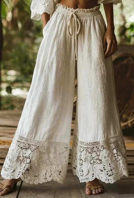Fashionable Solid-Colored Lace-Trimmed Womens Pants - Image 3
