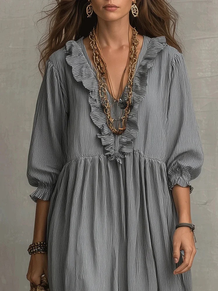 Womens Striped Ruffle-Trimmed Loose High-Waist V-Neck Dress - Image 15