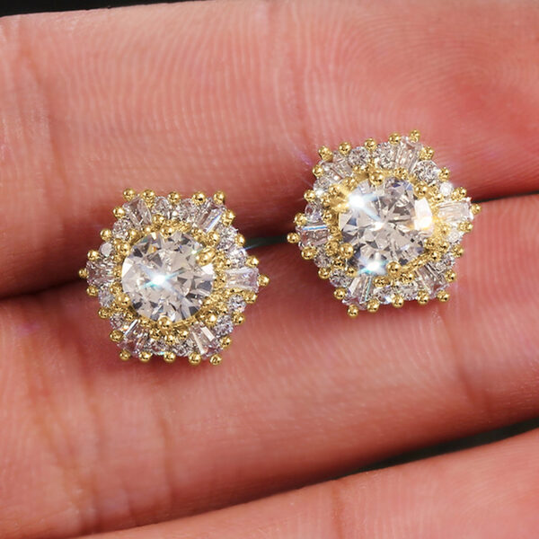 1 Pair Sparkly Hexagon Full Cubic Zirconia Stud Earrings For Women, Luxury Shiny Hypoallergenic Earrings For Daily Wear Wedding Party - Image 5