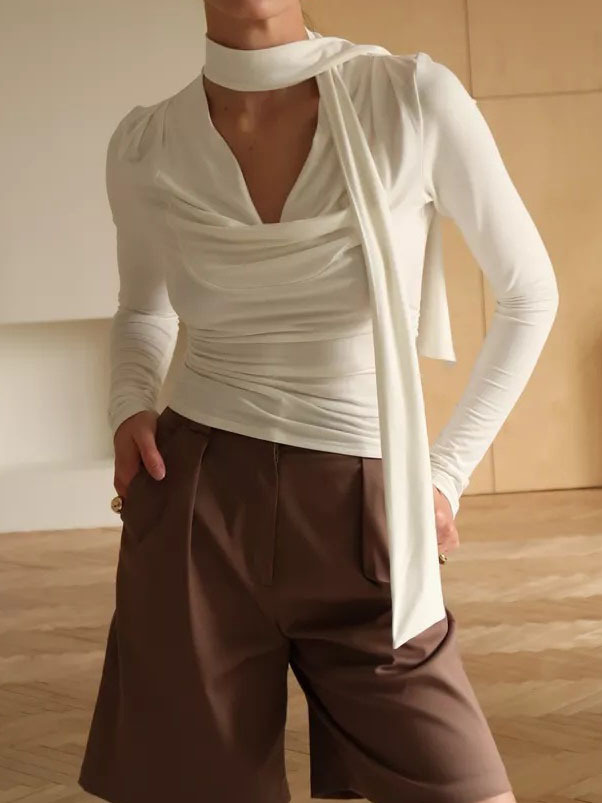 Ribbon V-neck Scarf Long-sleeved Base Shirt - Image 5
