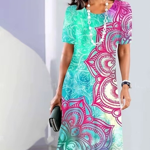 Womens Summer Classic 3D Digital Print Fashion Short-Sleeve Dress