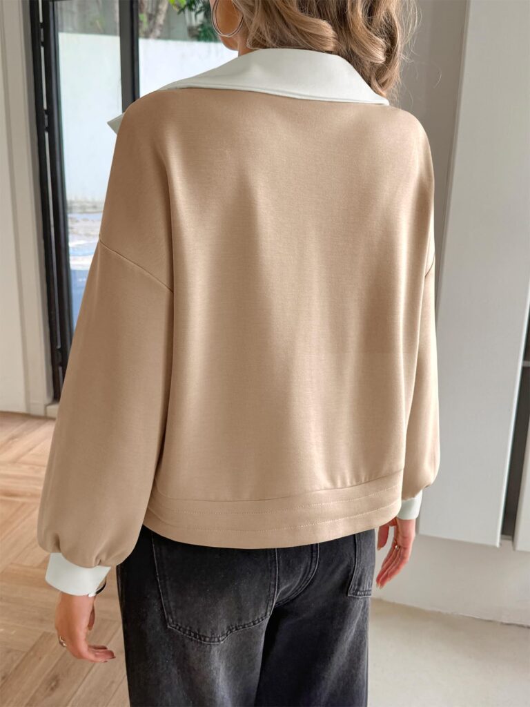 Fisoew Womens Cropped Oversized Sweatshirt Casual Lapel V Neck Long Sleeve Contrast Drawstring Loose Fit Fall Pullover Tops