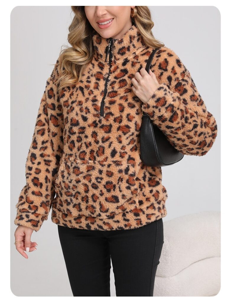 Fashionable Lambswool Fleece Leopard-Print Jacket Fleece Sweater Hoodie