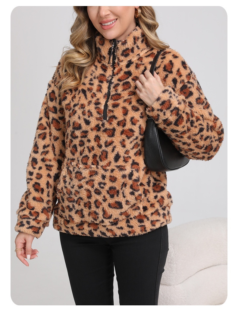 Fashionable Lambswool Fleece Leopard-Print Jacket Fleece Sweater Hoodie - Image 2