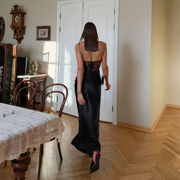 Black Lace Sheer Halter Top And Satin High-waisted Skirt Two-piece Set - Image 7