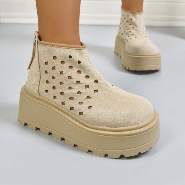 Women's Perforated Platform Ankle Boots, Back Zipper Breathable Wedge Booties, Casual Chunky Sole Cutout Boots - Image 11