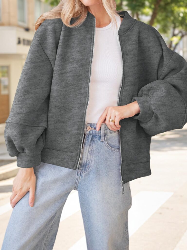 Fisoew Womens Zip Up Sweatshirt Casual Bomber Jacket Lantern Sleeve Oversized Jacket Fall Outfits 2025