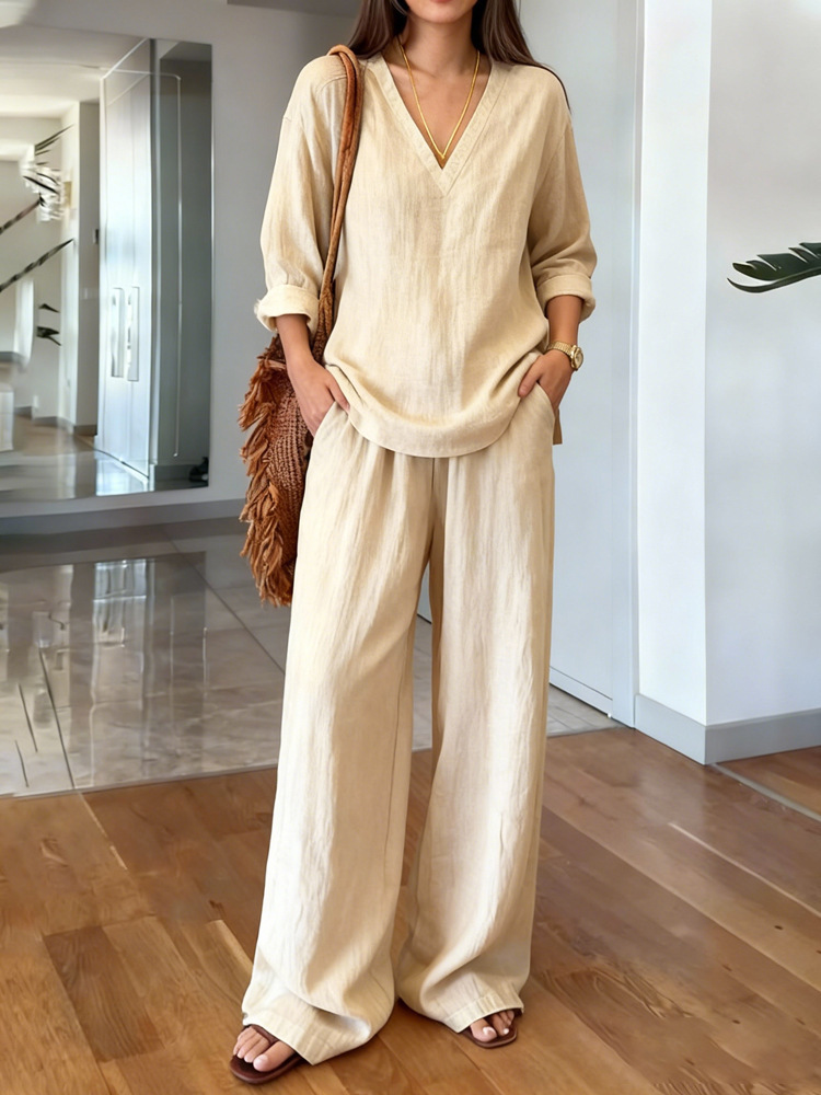 Womens Washed Cotton Multi-Color V-Neck Pullover Long-Sleeve Top And Pants Set - Image 13
