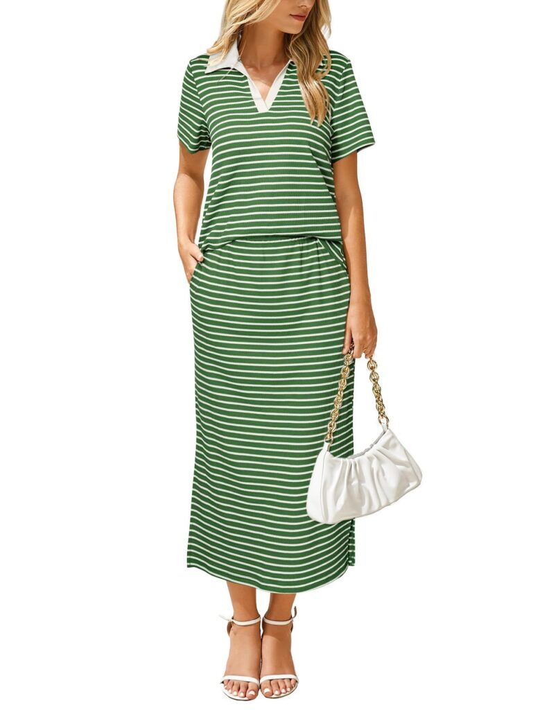 Womens Lapel T-shirt And Slit Skirt 2-piece Set
