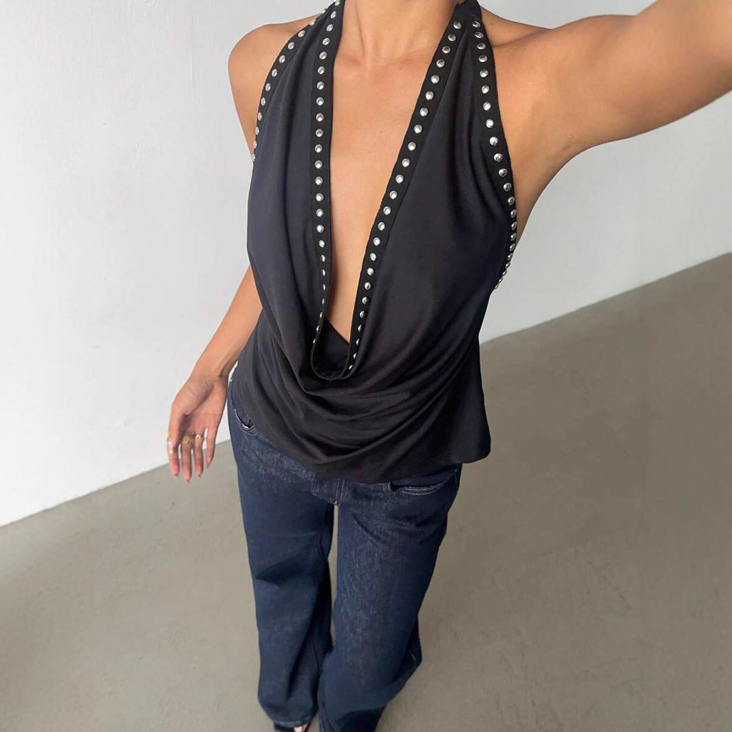 Solid-color Top With Studs Sexy Womens Clothing - Image 1