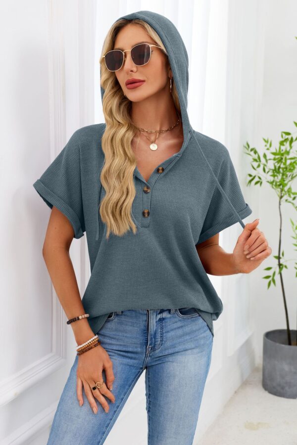 Womens Waffle-Weave Hooded Drawstring Short-Sleeve Top With Buttons - Image 18