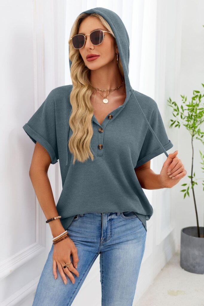 Womens Waffle-Weave Hooded Drawstring Short-Sleeve Top With Buttons