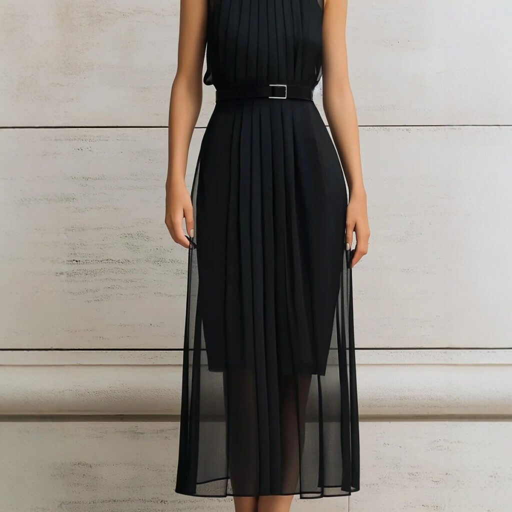 Womens Black Mesh-Panel High-Neck Sleeveless Dress