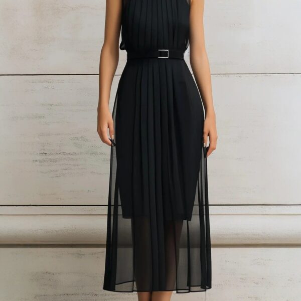 Womens Black Mesh-Panel High-Neck Sleeveless Dress - Image 4