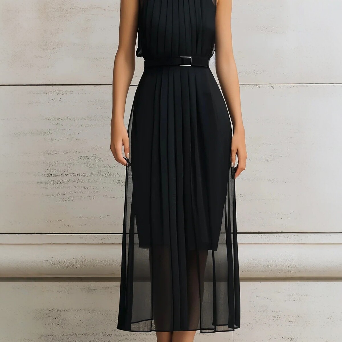 Womens Black Mesh-Panel High-Neck Sleeveless Dress - Image 4