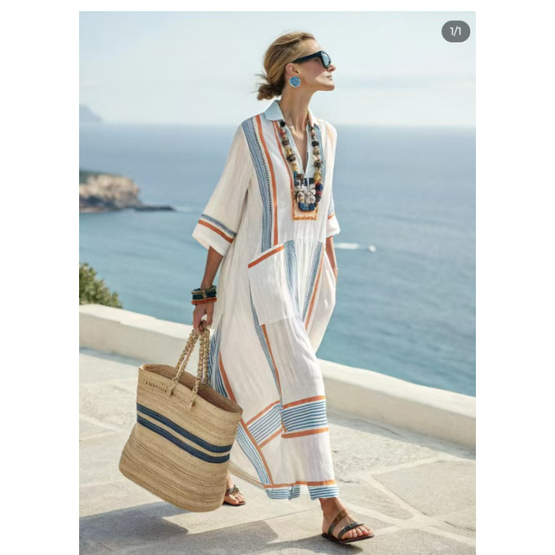Beach Vacation Long Striped Embroidered Dress - Image 9