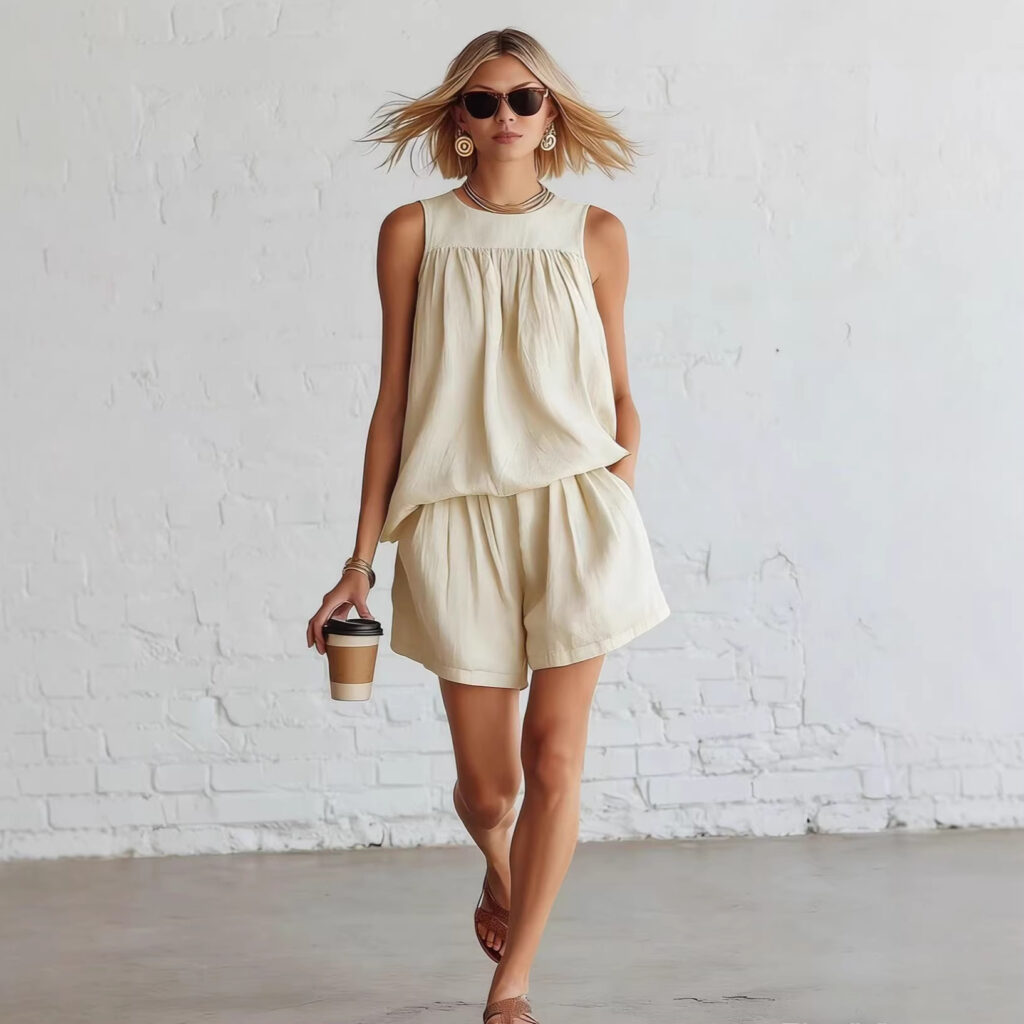 Womens Fashionable Retro Cotton-Linen Sleeveless Top And Wide-Leg Shorts Set