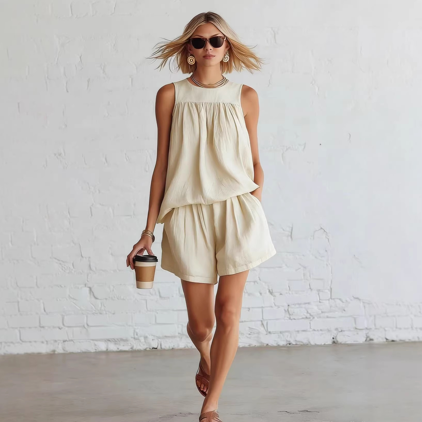 Womens Fashionable Retro Cotton-Linen Sleeveless Top And Wide-Leg Shorts Set - Image 2