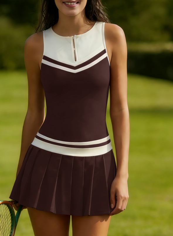 American-style Campus-inspired Color-blocked Zippered Pleated Tennis Dress For Women