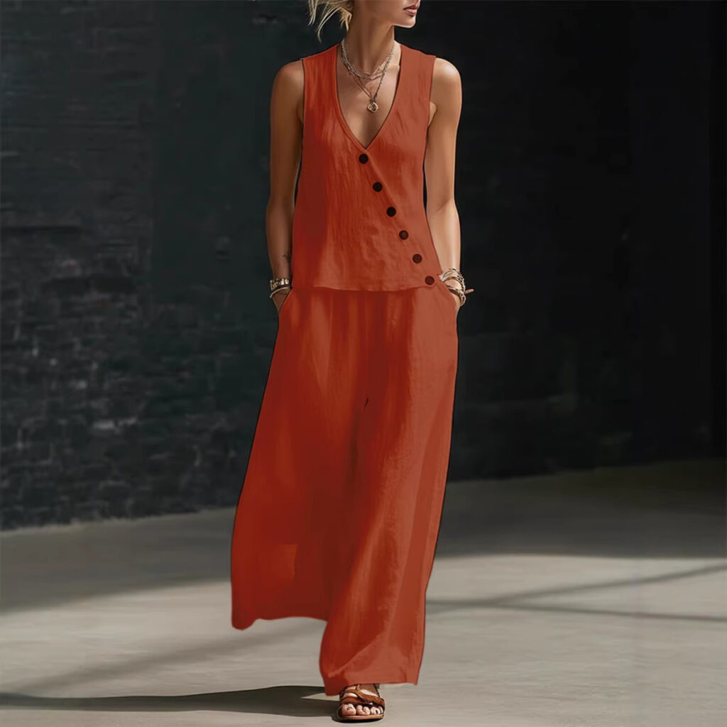 Sleeveless V-neck Button-up Top And Solid-color Pants Casual Set