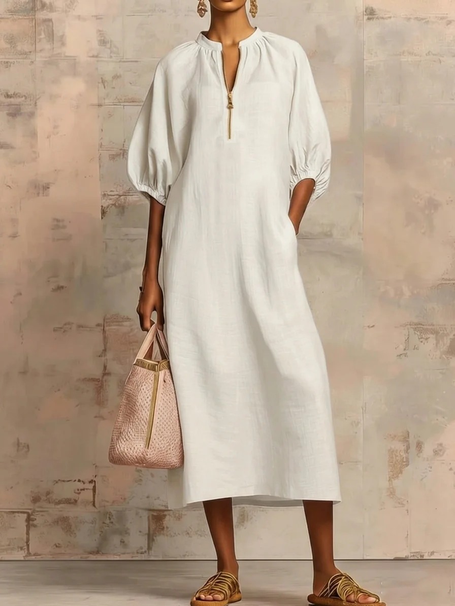 Womens Solid-Colored Cotton-Linen Loose-Fit Casual Puff-Sleeve Dress - Image 9