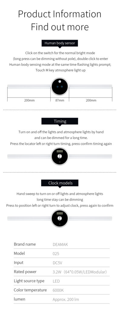 Smart Cabinet Light Clock Timing Sensor Light Removable LED Wardrobe Light Human Body Sensor Light