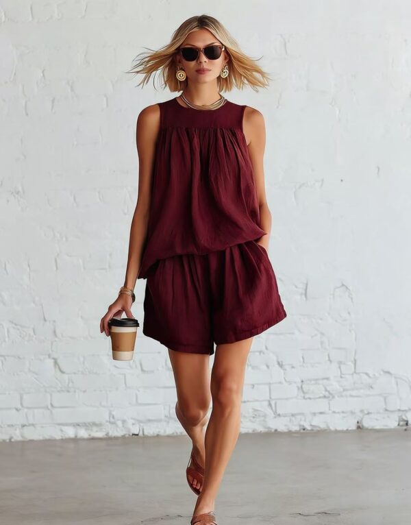 Womens Fashionable Retro Cotton-Linen Sleeveless Top And Wide-Leg Shorts Set - Image 9