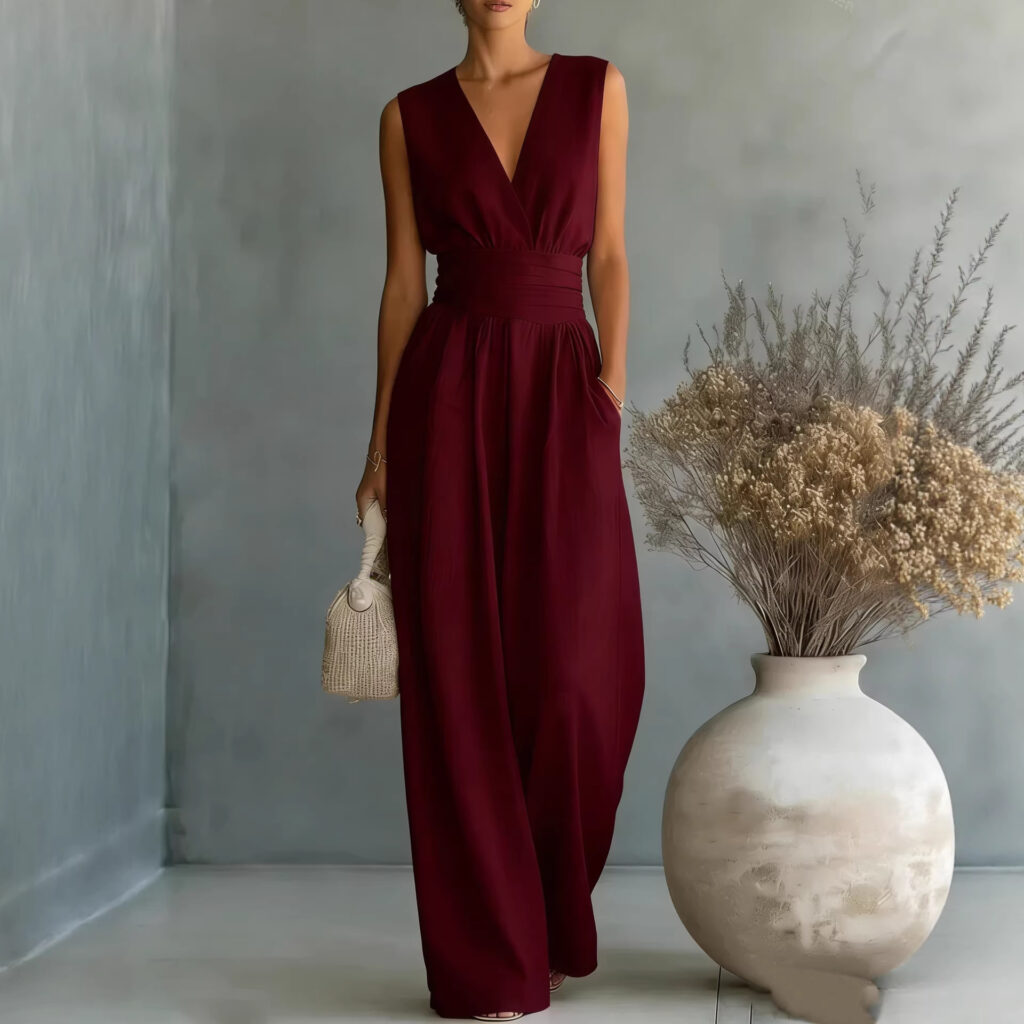 Womens Elegant Sleeveless Waist-Cinching V-Neck Sophisticated Jumpsuit