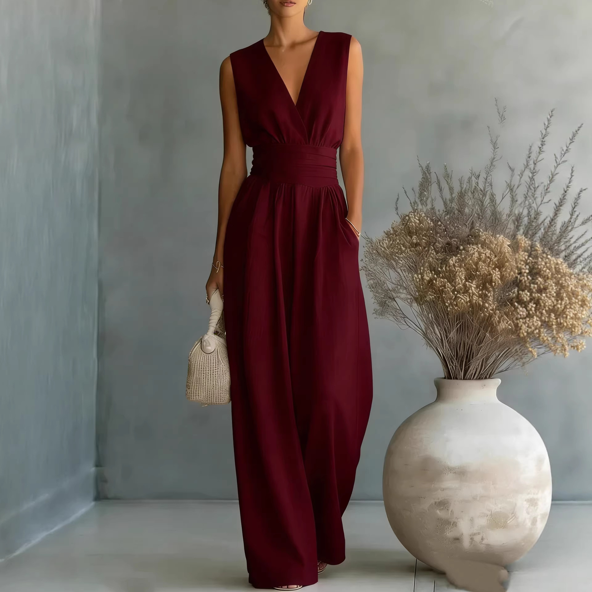 Womens Elegant Sleeveless Waist-Cinching V-Neck Sophisticated Jumpsuit - Image 5