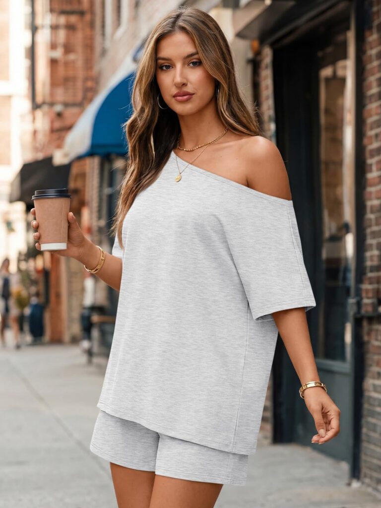 Womens 2-piece Fashionable Casual Set Slant-Neck Top And Shorts