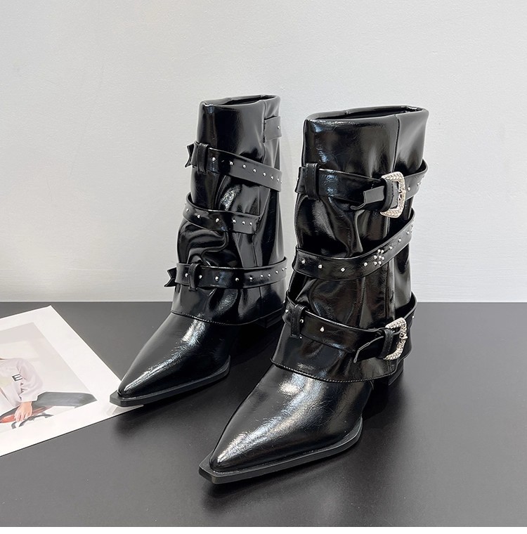 High-heeled Elegant Shaft-style Studded Belt-buckle Fashion Ankle Boots
