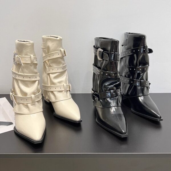 High-heeled Elegant Shaft-style Studded Belt-buckle Fashion Ankle Boots - Image 1